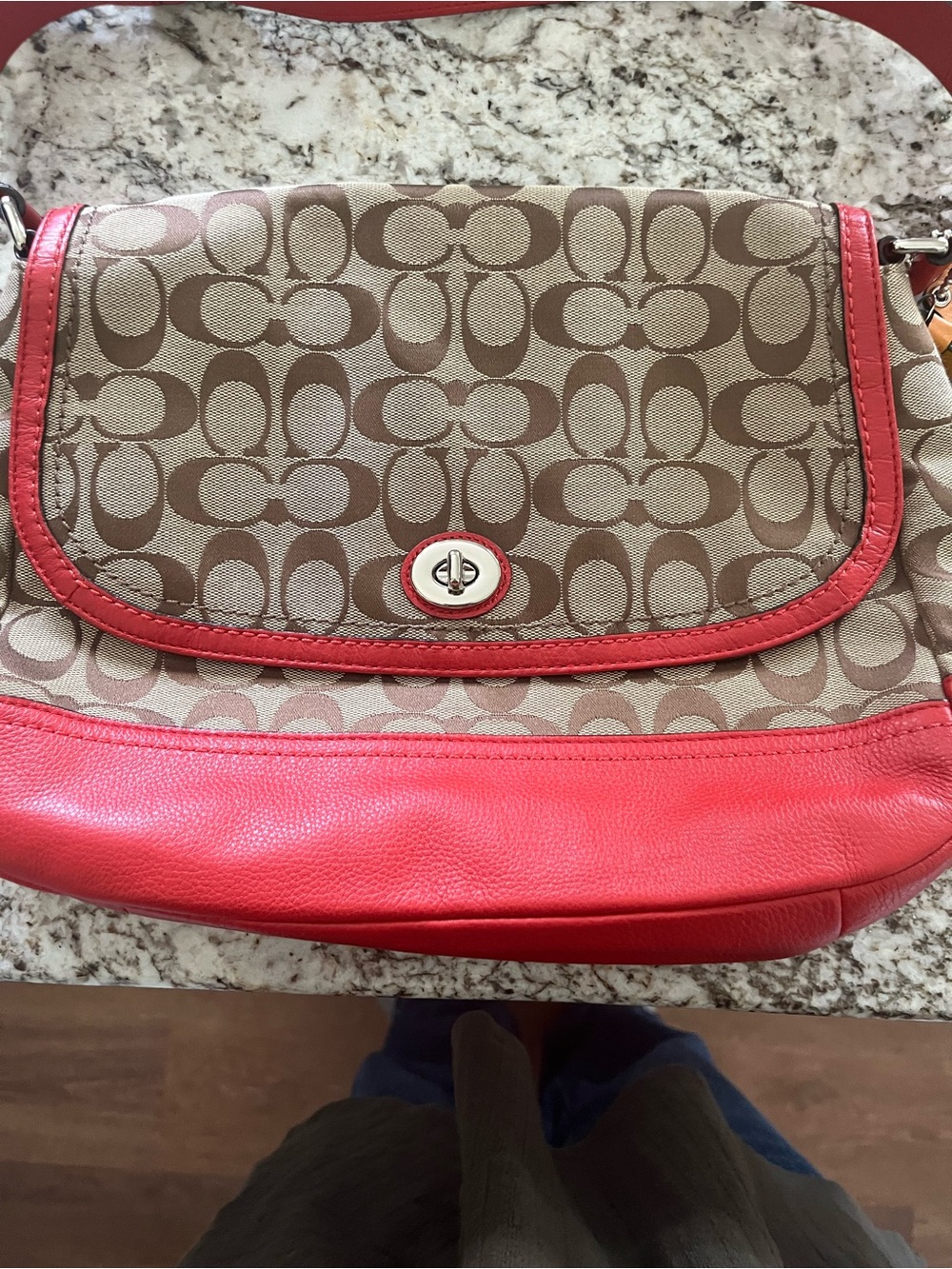 Coach Signature Canvas Crossbody Bag in Khaki/Red